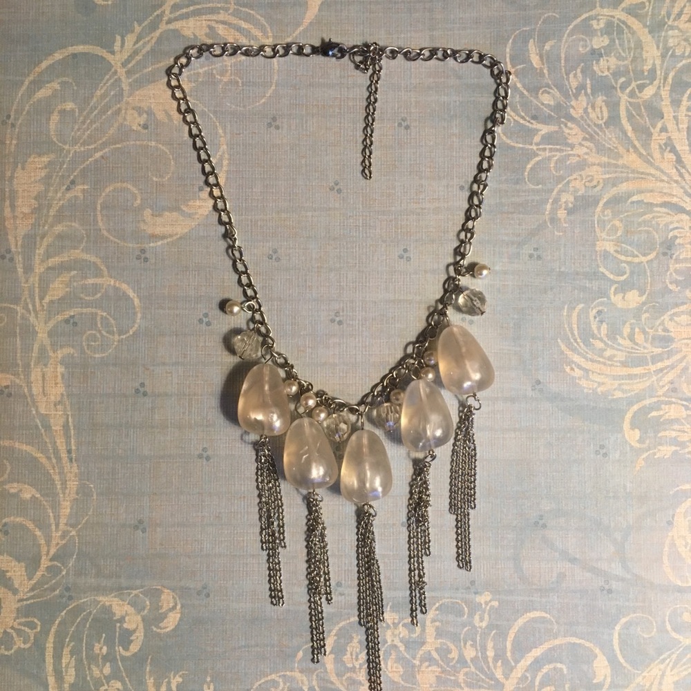 Necklace Faux Pearl Faceted Chain Silver Tone Fun - Picture 4 of 5